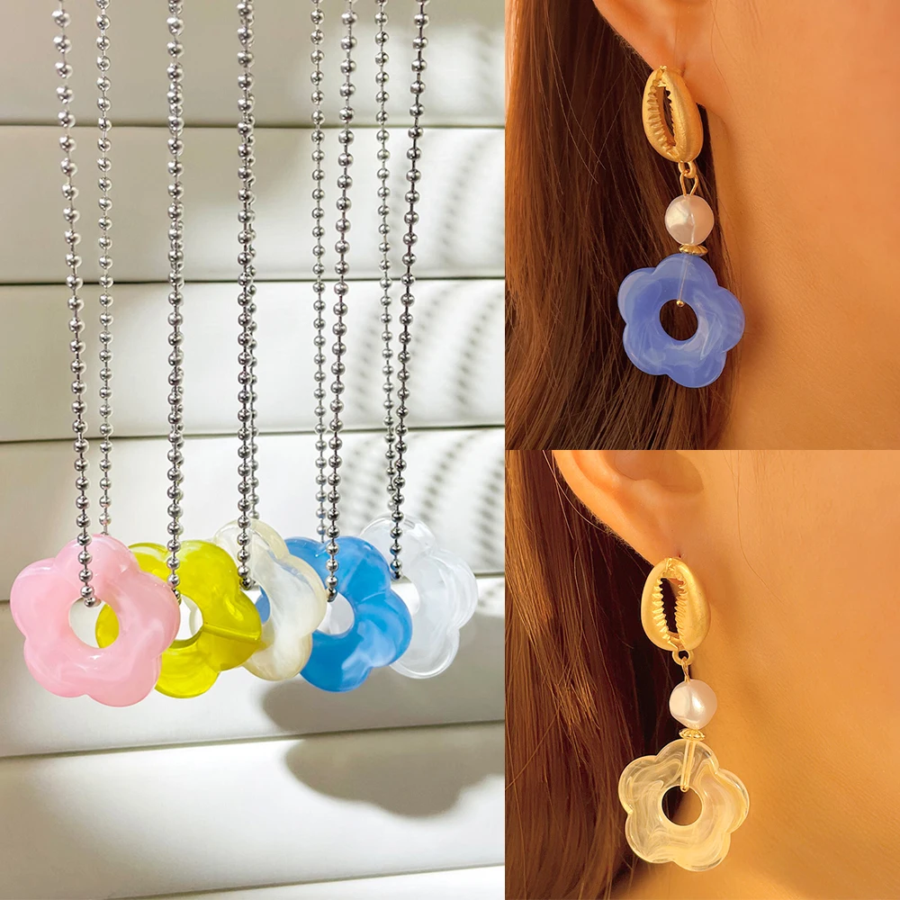 

Y2K Candy Color Resin Flower Jewelry Set For Women Girls Korean Geometry Acrylic Pendant Necklace Earrings Sets Gift Wholesale