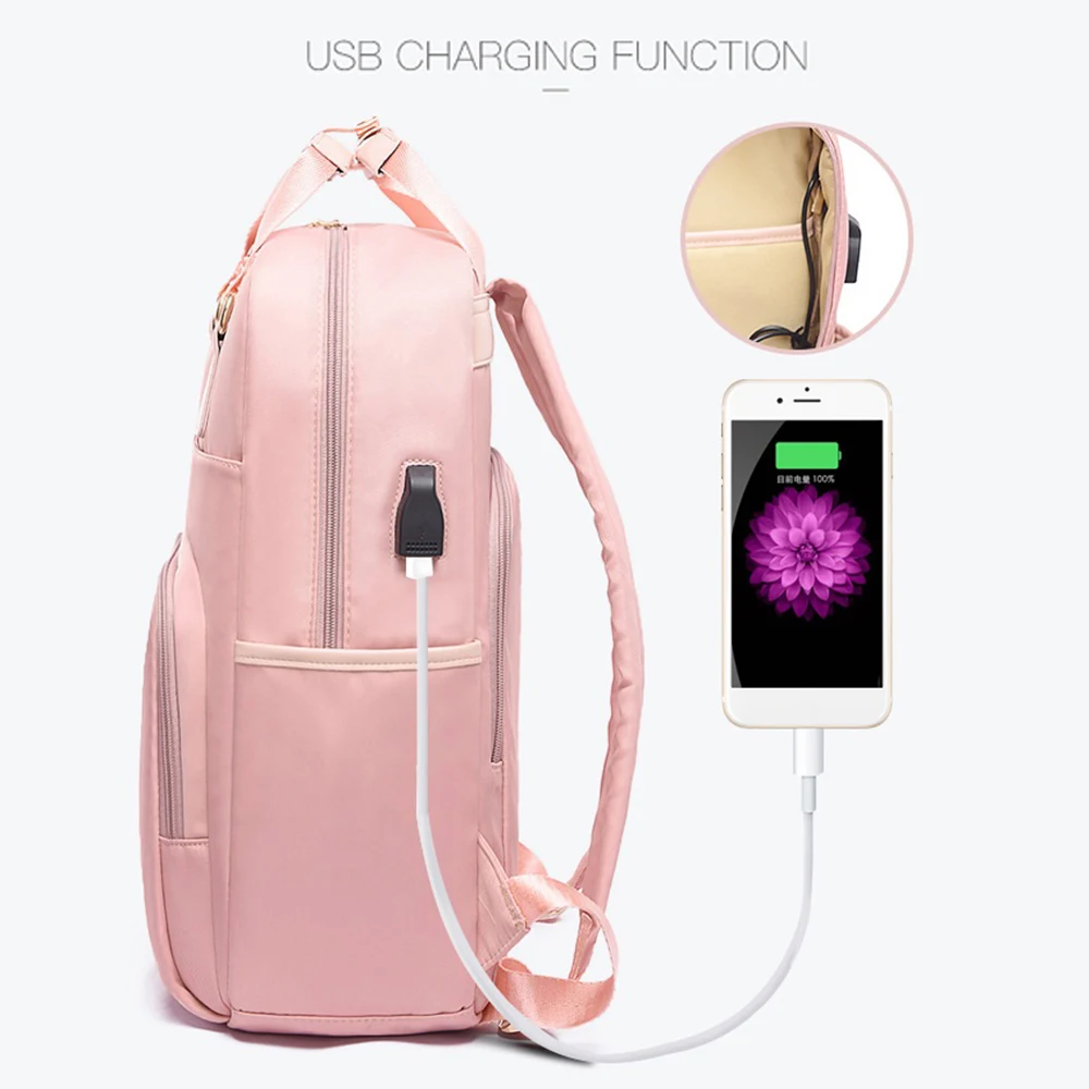 USB зарядка розовый рюкзак для ноутбука женский 14 дюймов водонепроницаемый