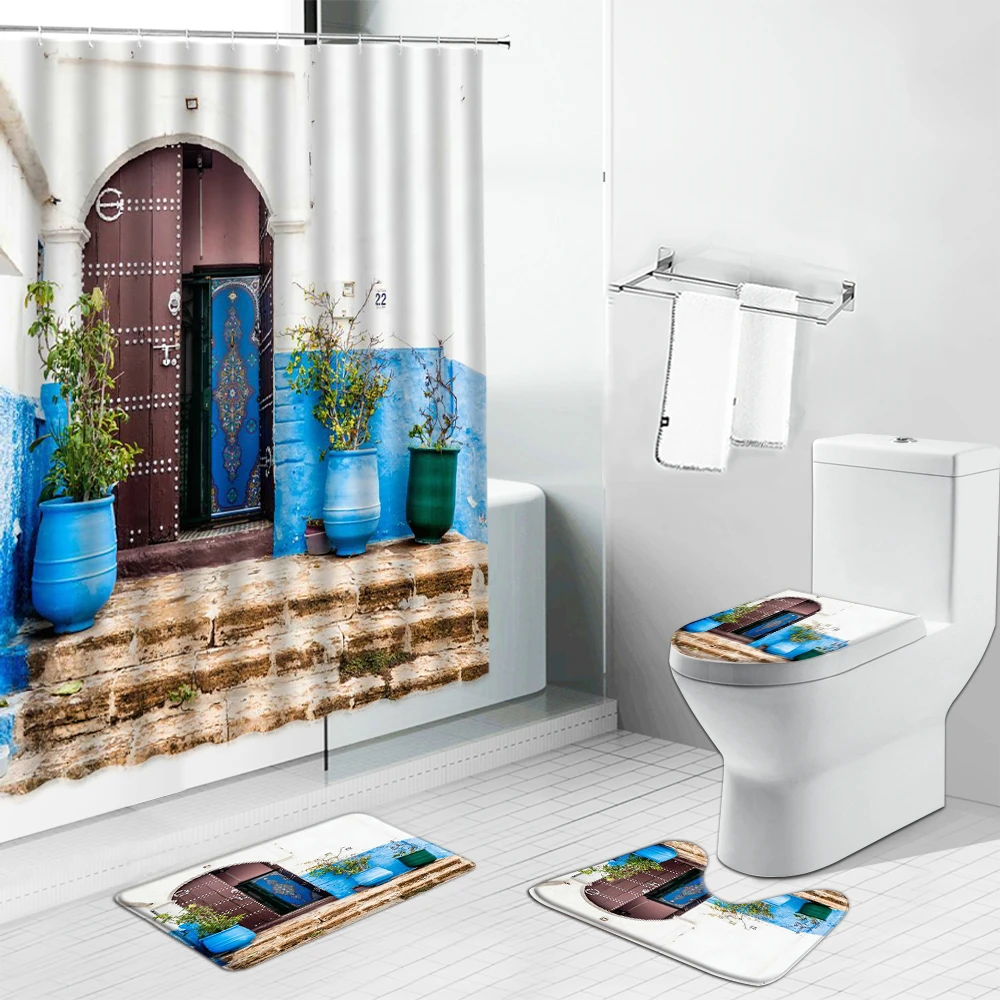

Flowers Doorway Shower Curtain Bath Mats Rugs Retro Street Europe Alley Non-slip Mat Bathroom Curtains With Hooks Home Decor Set