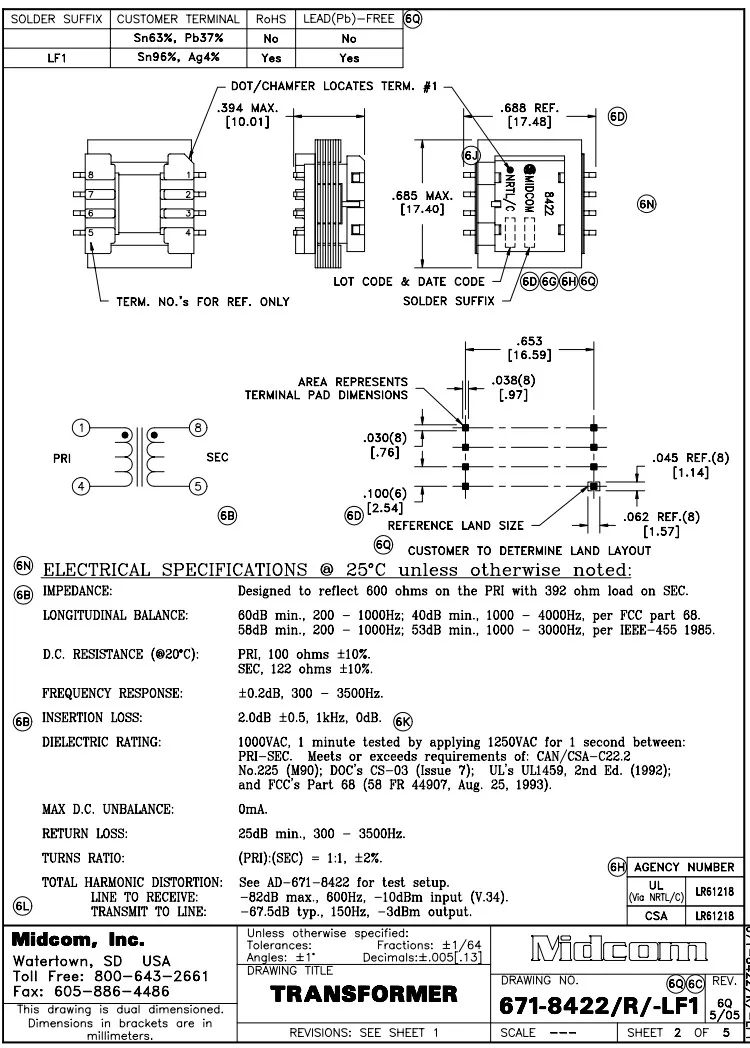 Оригинальный новый 100% 671-8422R SMD permalloy никелевая сталь 600:392 Ом 1:1 изолированный