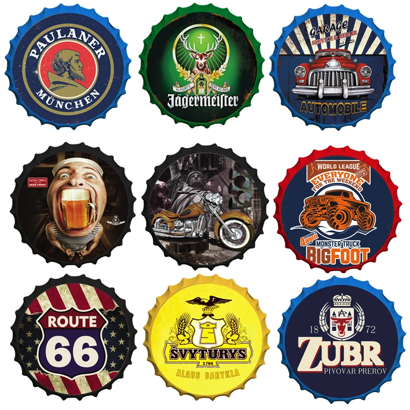 

Beer Cap Signs Wine Beer Motor Painting Decor Bar Pub Garage Wall Decoration Vintage Round Metal Tin Sign Plate Crafts Plaques