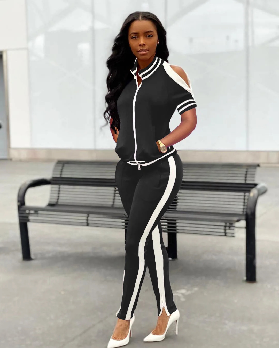 

Sport Patchwork Women's Set Zipper Up Short Sleeve Jacket Sweatpants Jogger Suit Tracksuit Matching Set Outfit 2pcs Set