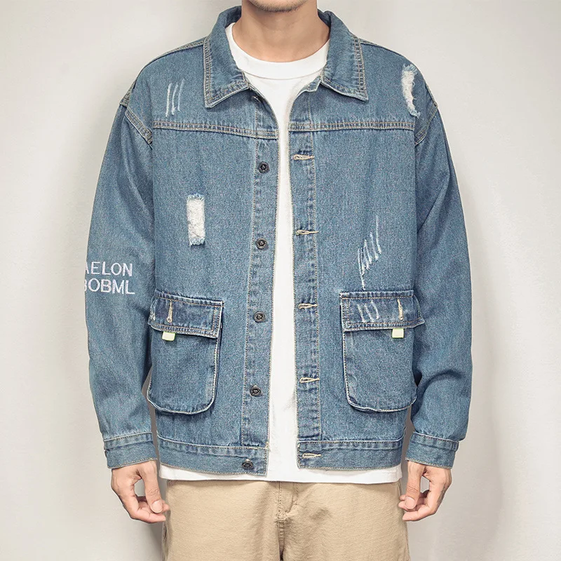 

Hot 2021 Fashion Mens Denim Jackets Slim Fit Mens Jeans Jacket Cotton Outwear Coat Long Sleeve Hole Male Clothing Size M-3XL