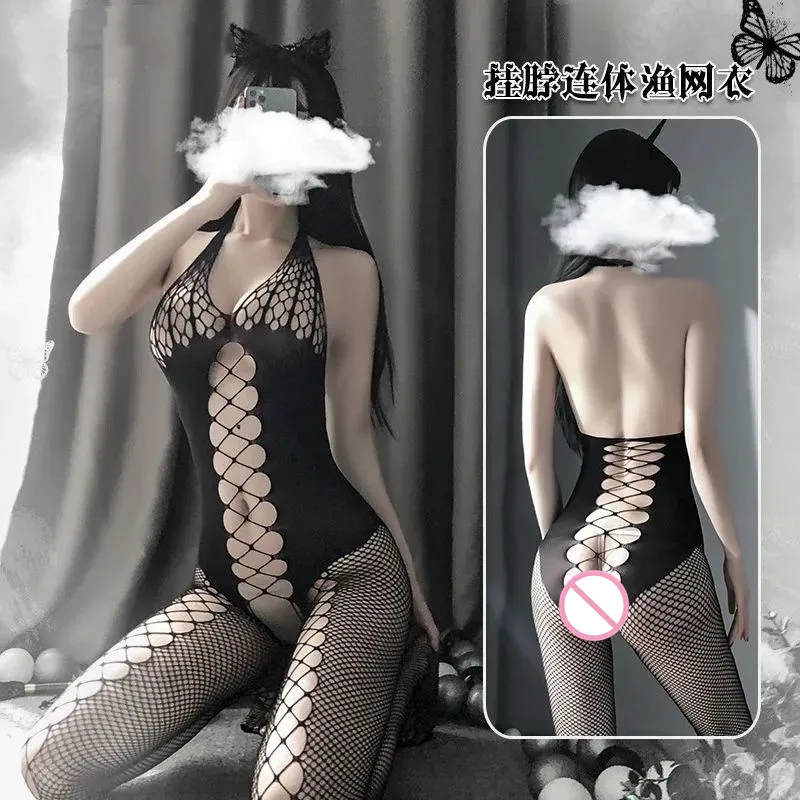 Колготки женское черное сексуальное нижнее белье Тедди с лямкой на шее