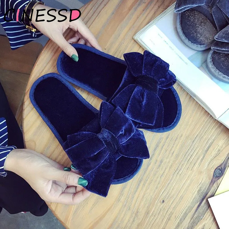 Домашние тапочки с золотым бархатным бантом женские зимние хлопковые сланцы
