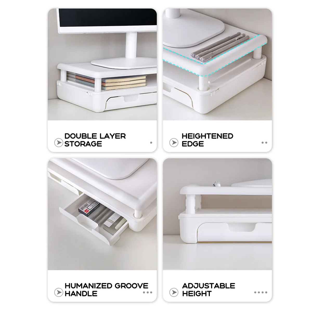 

Adjustable Height Monitor Riser Computer Stand Support PC Laptop Stand Storage Drawers Desktop Monitor Holder Screen Shelf