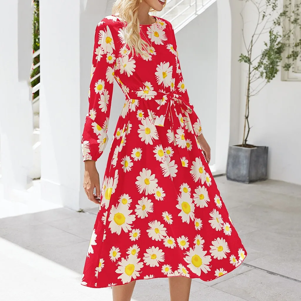 Элегантное женское платье с длинным рукавом и принтом маргаритки модное