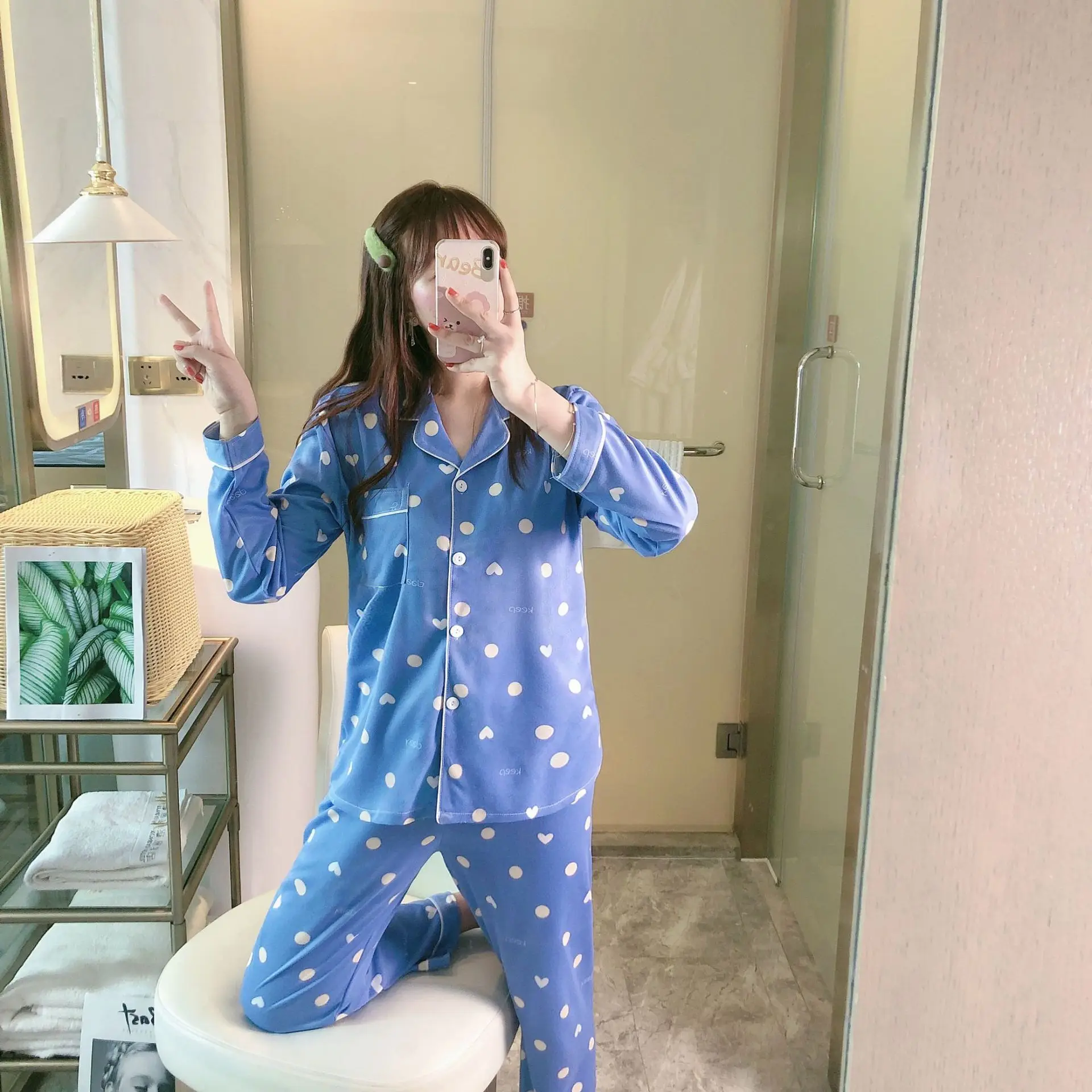 Spring Autumn Pajamas Women's Long Sleeve Sweet Lovely Cardigan Home Clothes Suit Lady Sleepwear Female Nightwear Sleep Wear