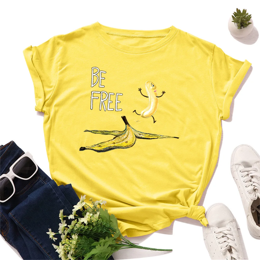 

Summer Plus Size Clothing New Banana Print T Shirt Women 100%Cotton O Neck Short Sleeve Tees Pink Tops Women T-Shirt Funny