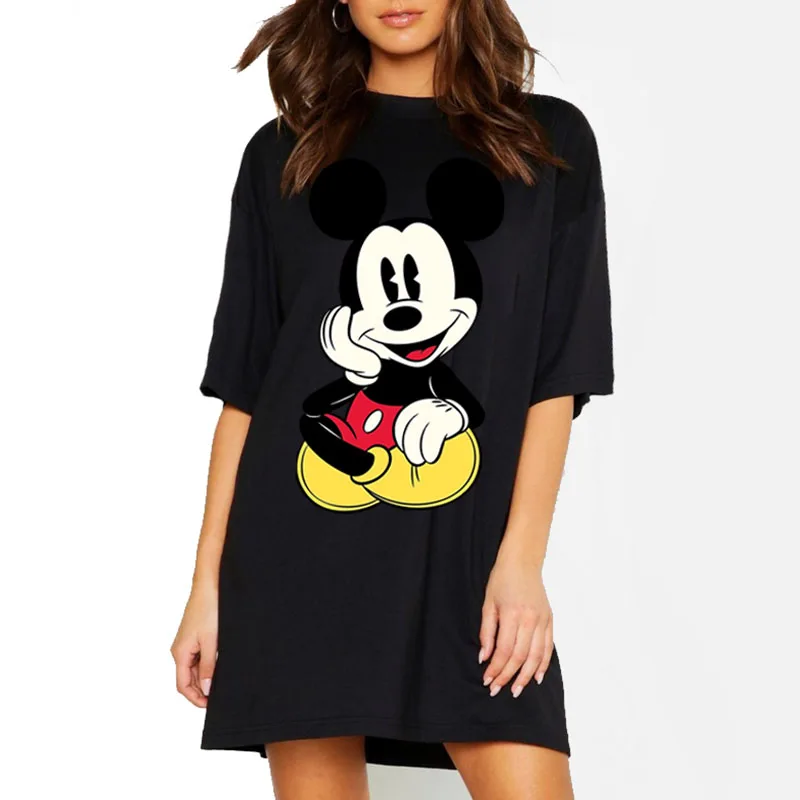 

Disney Mickey Mini Dress Summer Women T-Shirt Dress Short Sleeve Kawaii Cartoon Print Black Tshirt Dresses Casual Streetwear