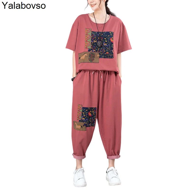 

Женский спортивный костюм из двух предметов, мягкий хлопковый костюм свободного покроя с круглым вырезом и коротким рукавом, с эластичной т...