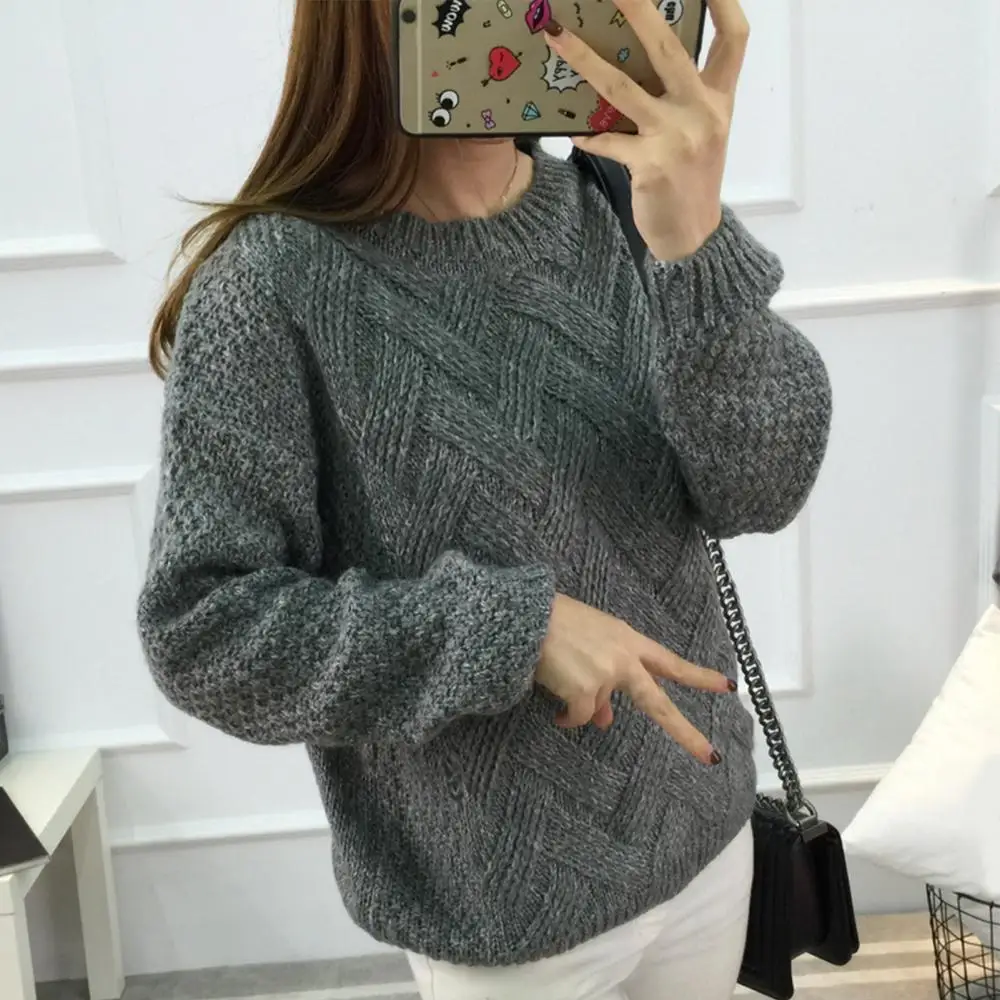 

Autumn Winter Women Solid Color Long Sleeve Jumper O Neck Knit Twist Sweater