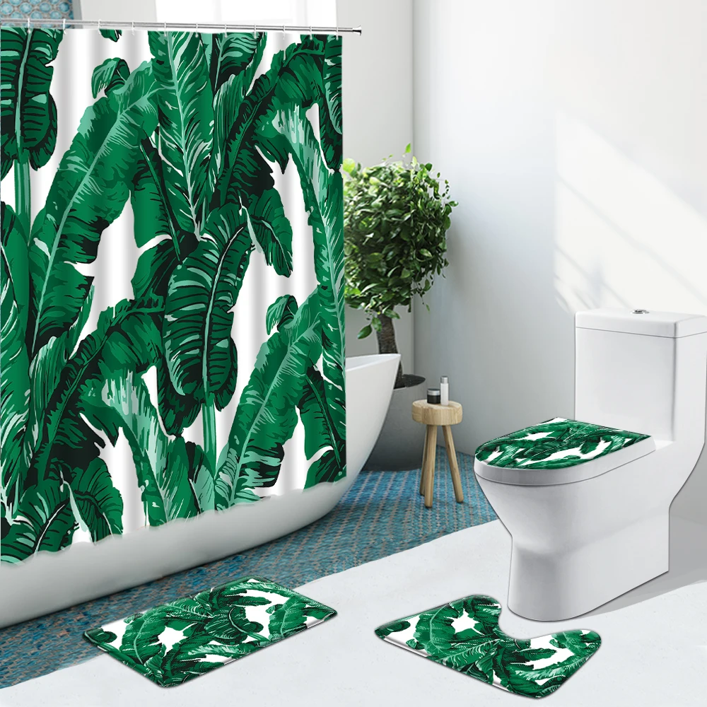 

Pink Rose Wooden Board Shower Curtain Non-Slip Rugs Bath Mat Toilet Cover Flower Green Leaves Bathroom Home Decor Set Washable