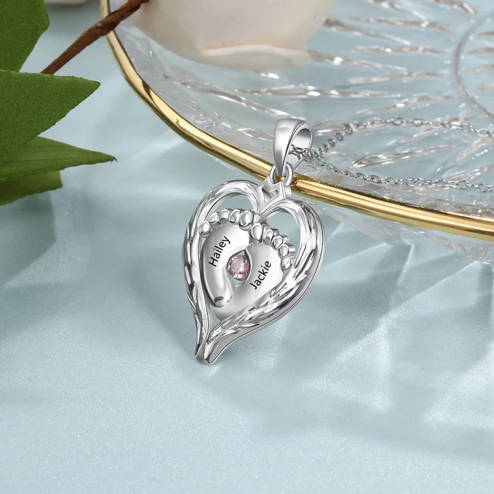 Xiaojing 925 Sterling Silver Engraved Heart Birthstones Pendant Necklace Personalized Custom Name for Mother's Day Gift 2019