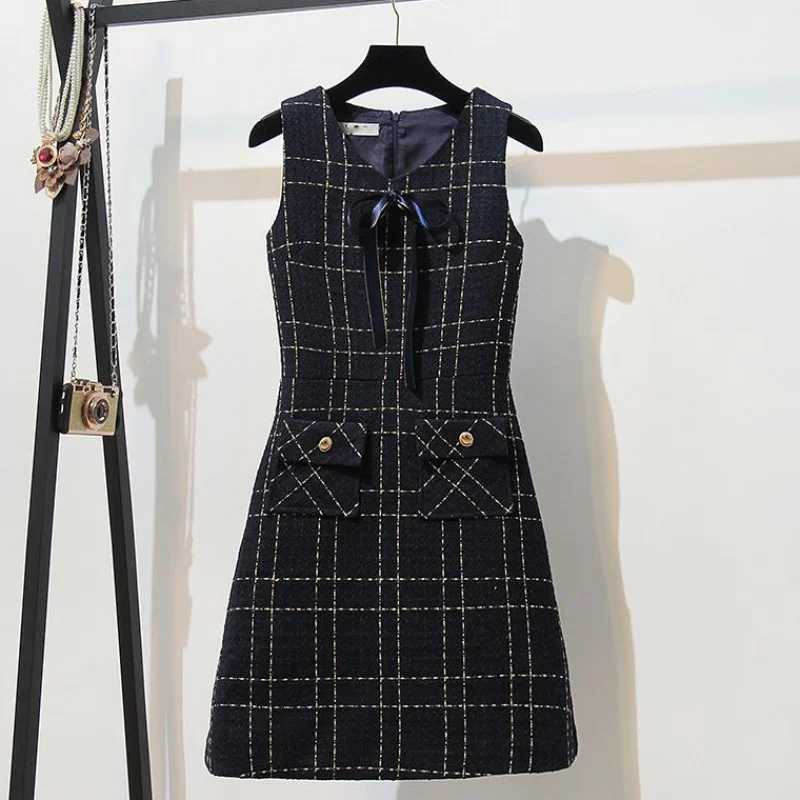 dress Элегантные женские клетчатые костюмы, Осенний короткий клетчатый шерстяной Блейзер, куртка+ платье-жилет, комплект из двух предметов, весеннее пальто - Цвет: dress