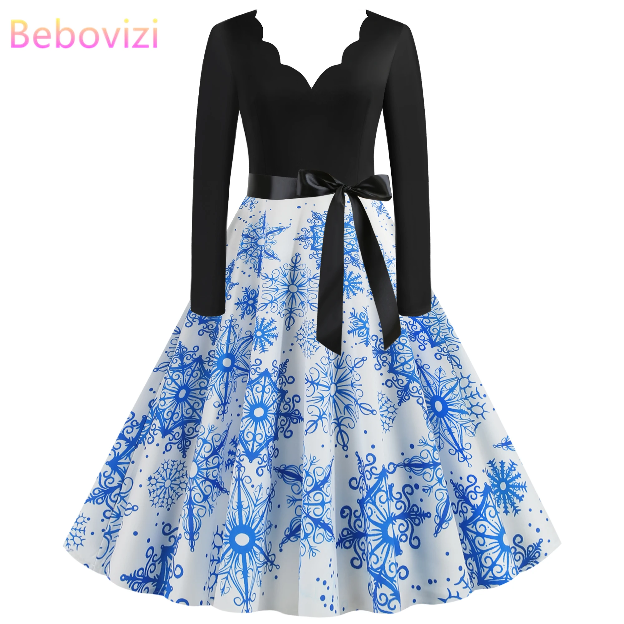 

Plus Size Elegant Printed Christmas Dress Pink Women Vintage Winter Casual Midi V Neck Party Dresses Long Sleeve Robe Vestidos