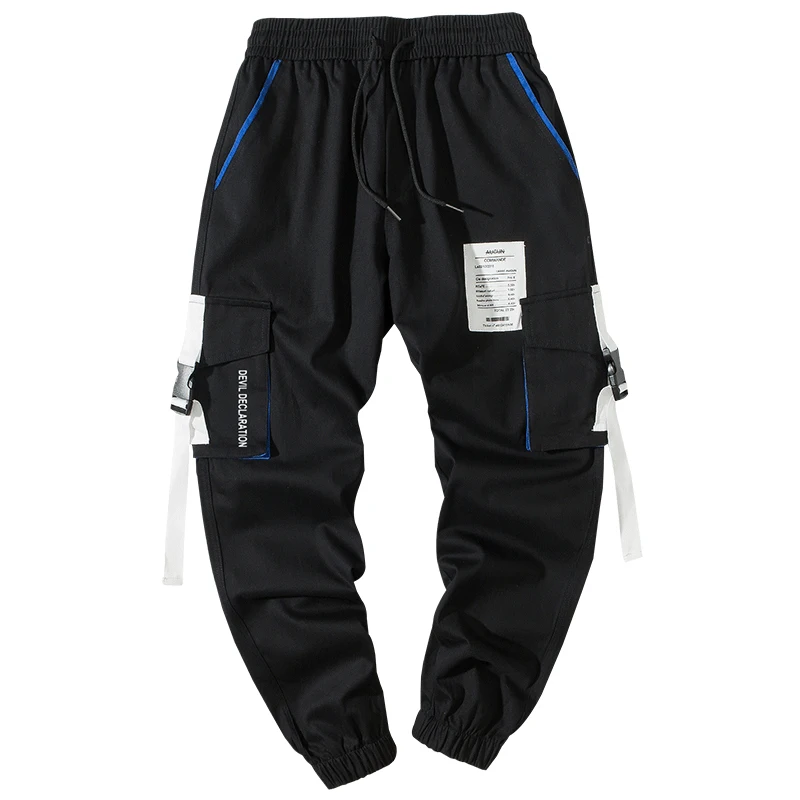 

Black Ribbons Pockets Cargo Pants Men Hip Hop Male Tatical Trousers Mens Joggers Casual Streetwear Pants 2021 Fashion
