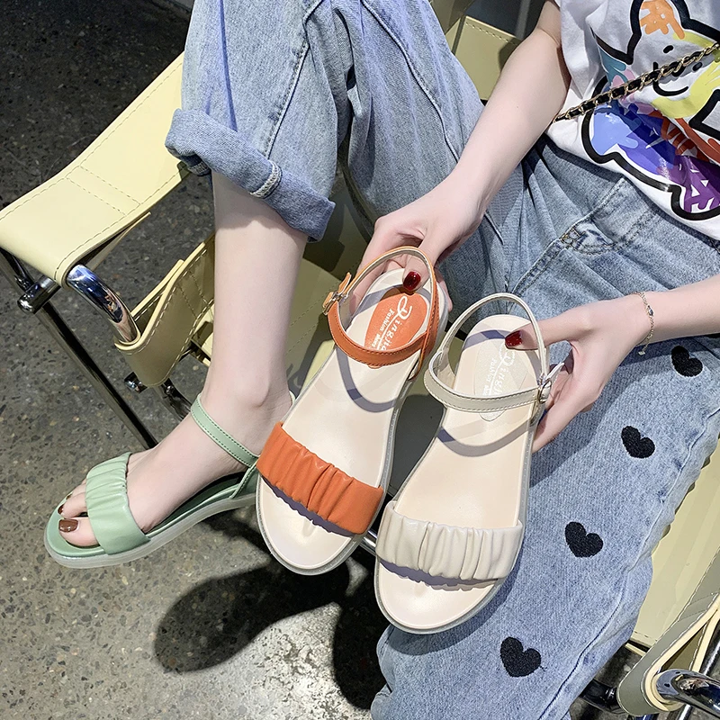 

Flat Sandal Shoe 2021 Women's Suit Female Beige Buckle Strap Clear Heels Open Toe All-Match Without New Black Low Comfort Summer
