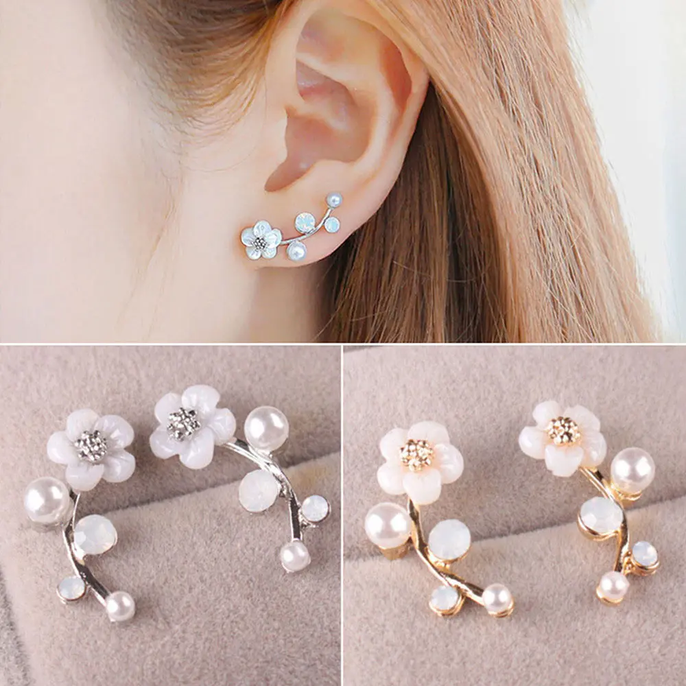 

Women Girl Stylish Fashion Shell Flower Pearl Earrings Lady Elegant Crystal Rhinestone Ear Stud Jewelry