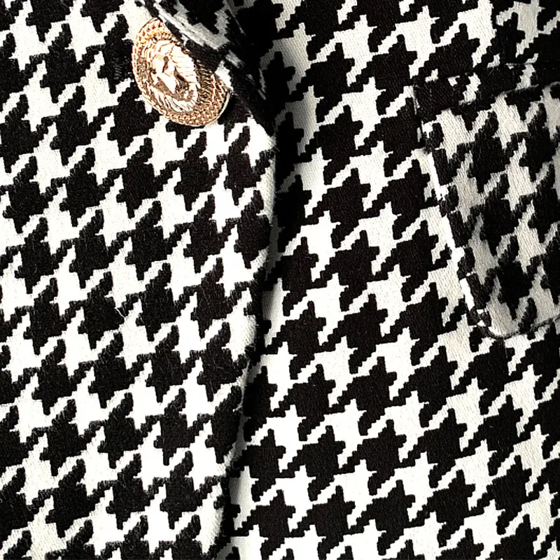 HarleyFashion Autumn Spring High Quality Women Casual Slim Blazer Metal Buttons Houndstooth Print Blazers | Женская одежда
