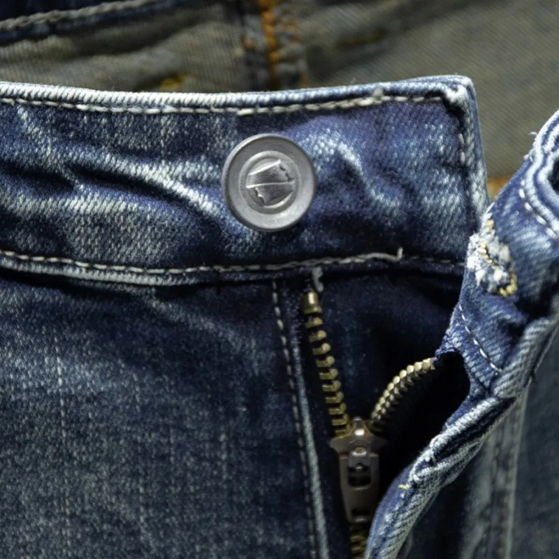 

Biker Jeans Men Autumn Street Vintage Slim Denim Trousers High Quality Preppy Style Splice Zipper Blue Casual Pencil Pants Male