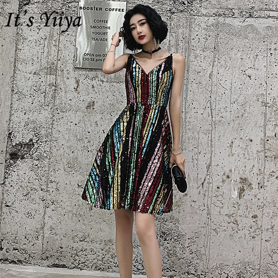 Это Yiiya Выпускные платья Eelgant длиной до колена vestidos de gala Блестящие Блестки v-образный вырез слинг женское торжественное платье размера плюс E1430 - Цвет: Черный