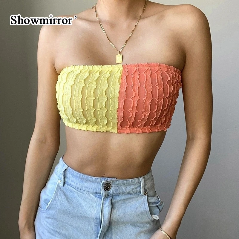

Showmirror Off Shouder Tops Patchwork Tube Top Women Summer Tops Strapless Sleeveless Sexy Crop Top Camis Club Wear 23461