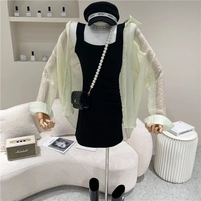 

Niche Design Women's Spring Summer 2021 Fashion Thin Loose Long Sleeve Shirt Sunscreen Top + Solid Versatile Sing Dress