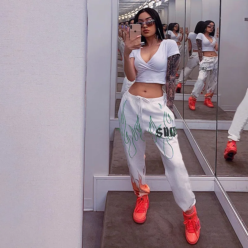 Женские брюки в уличном стиле с принтом огненного огня белого цвета Корейском
