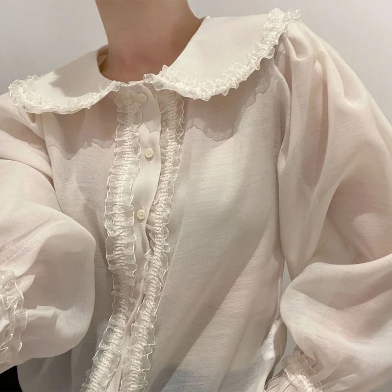 

Vintage Long Sleeve Shirts for Women Single Breasted Women Blouse Elegant Slightly Transparent Tops Blusas Femme 2020 New