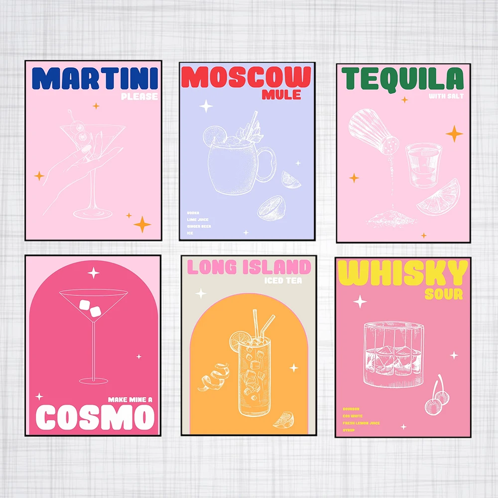 

French Color Long Island Whisky Sour Cocktail Wall Art Canvas Painting Nordic Posters And Prints Wall Pictures For Bar Decor