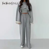 twotwinstyle white three piece set for women o neck long sleeve tops sleeveless vest wide leg pants female casual sets 2021 new