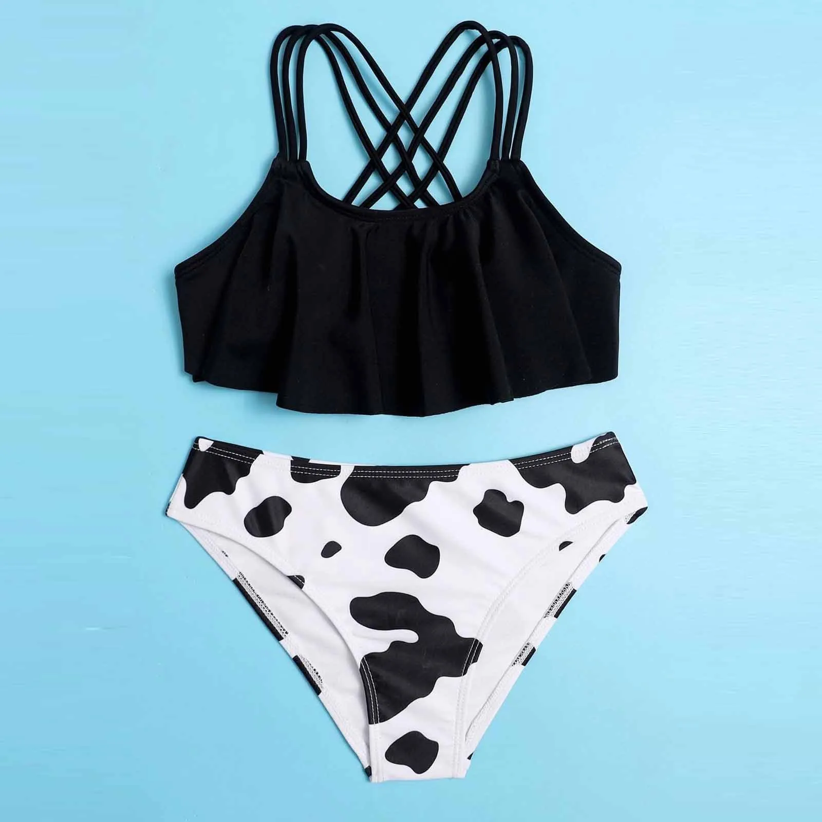 

Kids Girl Beach Swimwear For Girls Black And White Cows Print Swimsuit Bathing Cutetwo-piece Swimsuit Купальник Для Девочек#l12