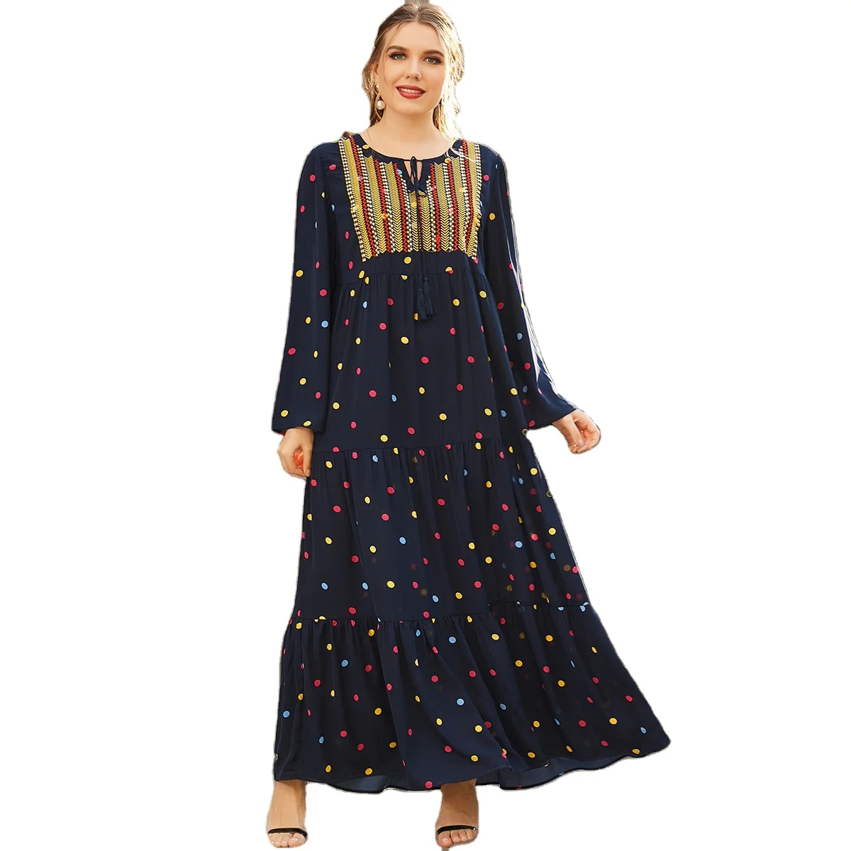 

Women V-Neck Navy Blue Dress Fashion Muslim Abaya Robe Dot Long Sleeve Kimono Robe Plus Size Printed Causal Outfit Abaya