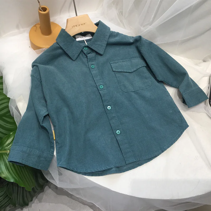 

2020 Korean Style Children 's Clothing Autumn Boys ' Trendy Solid Color Long Sleeve Lapel Corduroy Boys ' Shirt Top