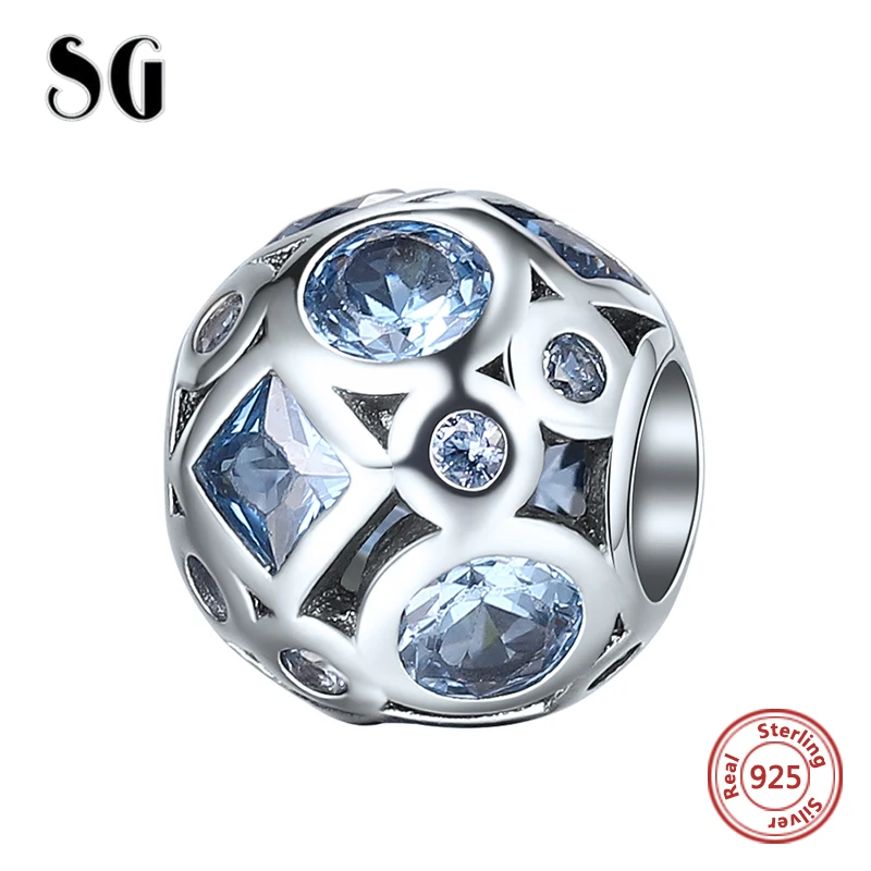 Серебряный Galaxy стерлингового серебра 925 Круглый Синий циркония Бусины подходят