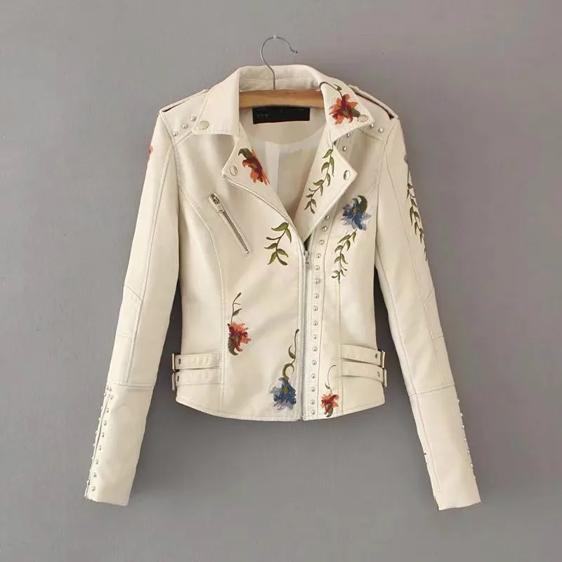 Women Flower Embroidery Punk Jacket Beige Motorcycle Rivet Zipper PU Leather Coat Slim Thin Short Girls Faux Streetwear | Женская одежда