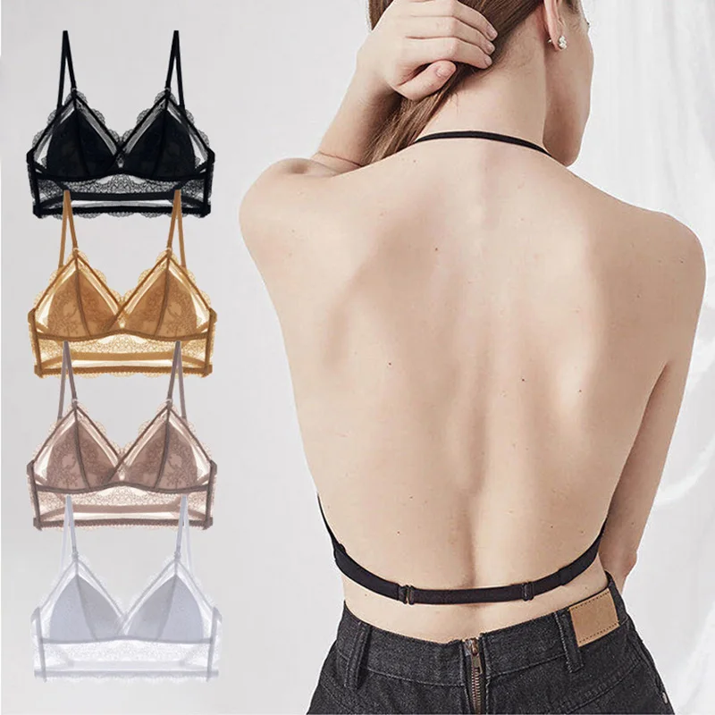 

Sexy Bra Ladies Lace Mesh Halter Thin Bra Low Back Women Soft Seamless Backless Sexy Padd Bralette For Small Chest Encaje Mujer