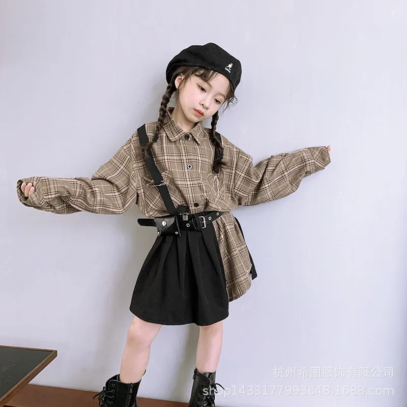Осень 2020 новый костюм для девочек клетчатая рубашка юбка средней длины из двух