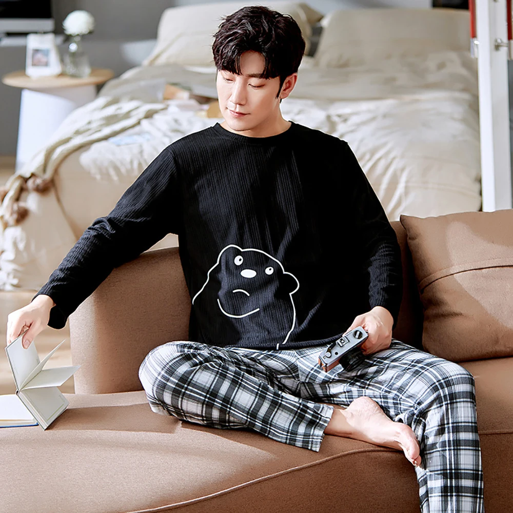 100% Cotton Men Pajama Sets Plus Size 3XL Causal Loose Long Sleeve Long Pants Letter Print Patchwork Lounge Set Male Pajamas