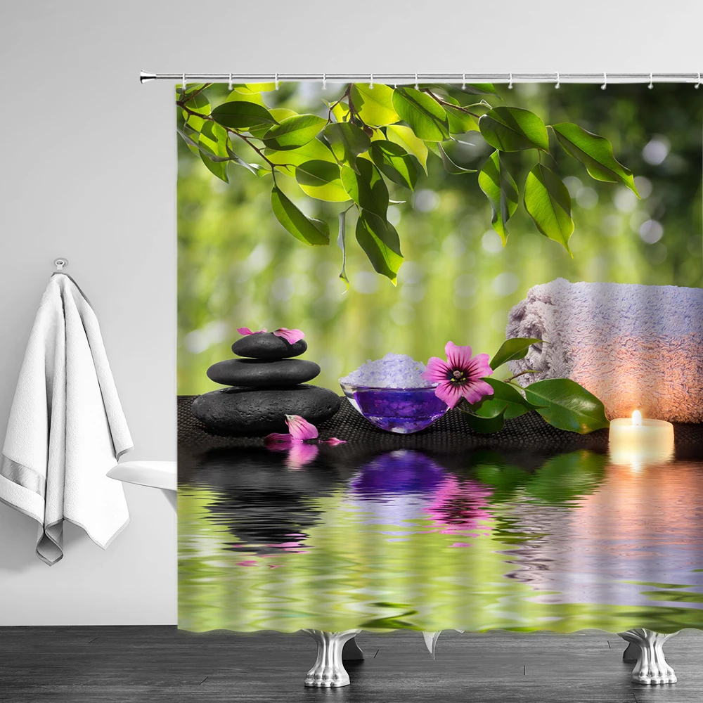 

Zen Stone Shower Curtain Bamboo Stone Asian Lotus Flower Spa Bathroom Curtains Waterproof Polyester Fabric For Bathtub Decor