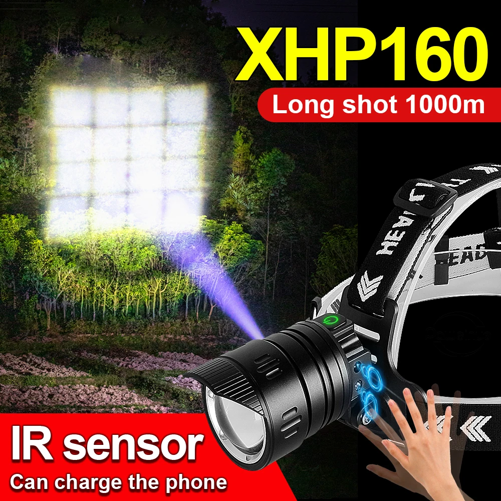 

XHP160 крепкий налобный фонарь ИК-датчик лампа Micro USB Перезаряжаемый свет IPX6 Водонепроницаемый фонарь телескопический зум мощность головной с...