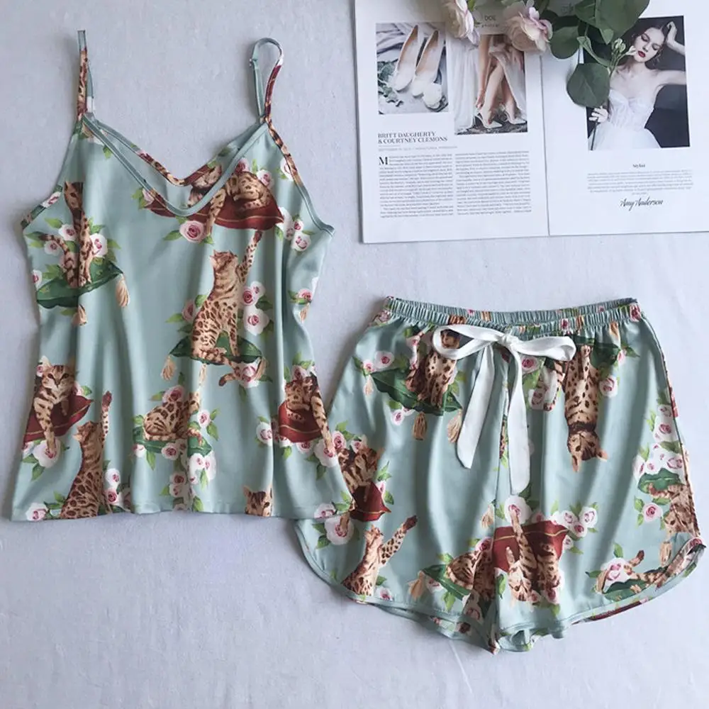 Женский Шелковый пижамный комплект летний с коротким топом и принтом кошки