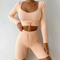 the new yoga clothes suit hip lifting show hip peach pants gym clothes drawstring seamless knitted sportswear sports suit