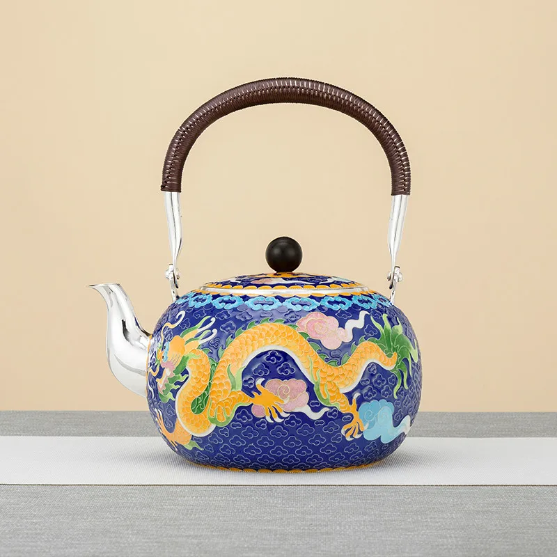 Pure Silver 999 Silver Pot Cloisonne Pure Handmade Shuanglong Xizhu Tea Ceremony Chinese Household Silver Kettle