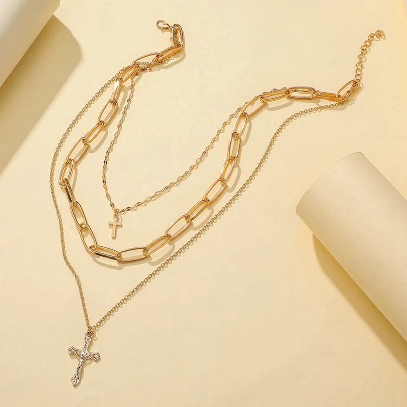 

Statement Layered Women Necklace Multilayer Cross Necklace Female Exquisite Retro Three Layer Clavicle Chain Gold Choker