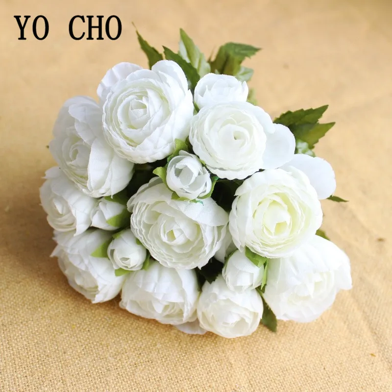 

YO CHO 18 Heads Tea Rose Artificial Silk Flowers Bouquet Wedding Bride Holding Bouquets Home Hotel Table Decoration Fake Flowers