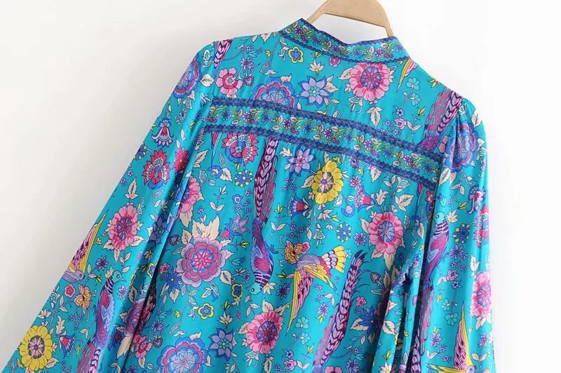 Винтажная шикарная женская блузка в богемном стиле с цветочным принтом павлина