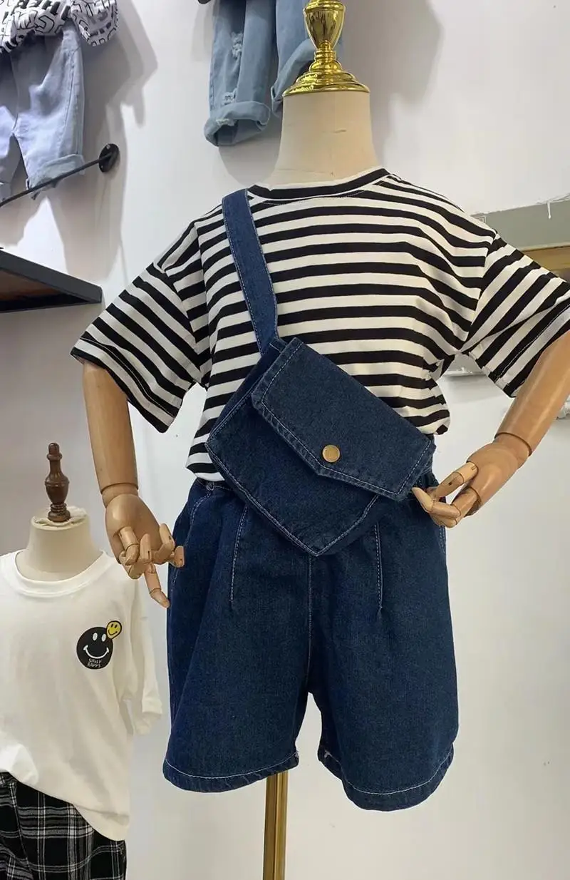 

3pcs/set Baby Boy Girl Clothes Casual Striped Short Sleeve T Shirt+denim Pants+ Bag Kid Fashion Suit Children Clothing Tracksuit