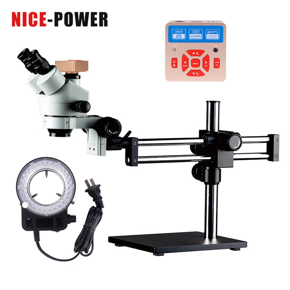 

New 7X-45X micro scope Simul-Focal Double Boom Stand Trinocular Stereo Zoom Microscope 28MP HDMI Camera Ring Light Microscopio